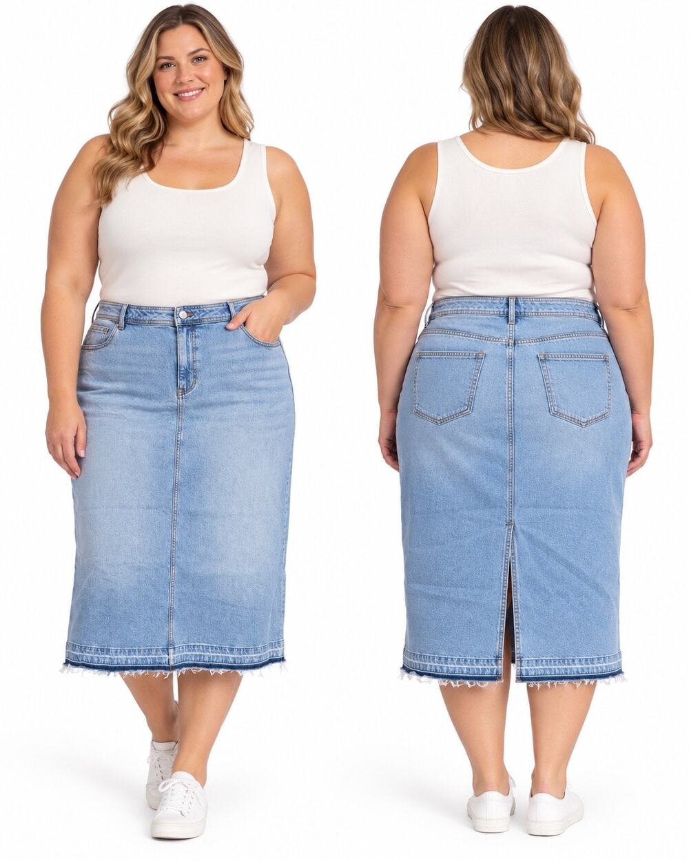 Talbots Plus 18W Spring Wash Denim Midi Skirt NWT Raw Hem Stretch Jean Skirt